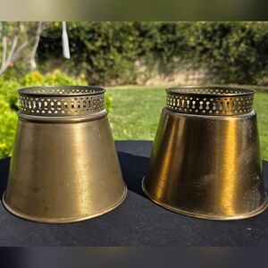 Pair Vintage Brass-Tone Metal Lamp Shades w/ Pierced Gallery | ~6.5"